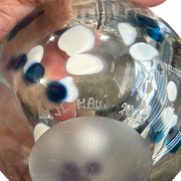 Hand Blown Glass Bowl Blue White Dots Signed Dated 3” Tall - Picture 5 of 8